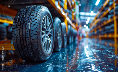 New tires for sale at tire store. A row of tires and wheels were neatly arranged on the floor