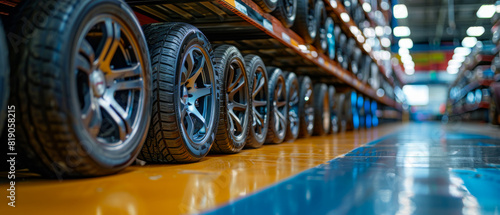 Car tires are on the rack in the store. A row of tires on the floor in an auto parts warehouse photo