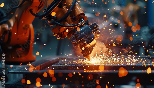 A robot is working in a factory, surrounded by sparks and debris