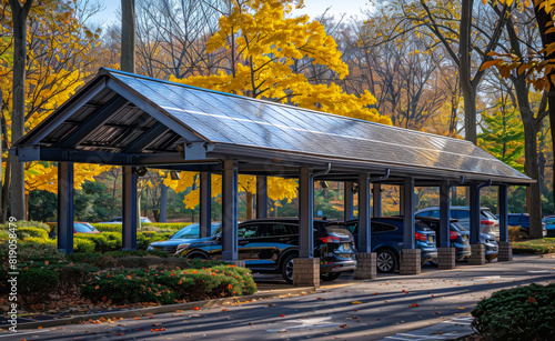 Solar panels on the roof of parking garage. A solar panel canopy covers an outdoor parking