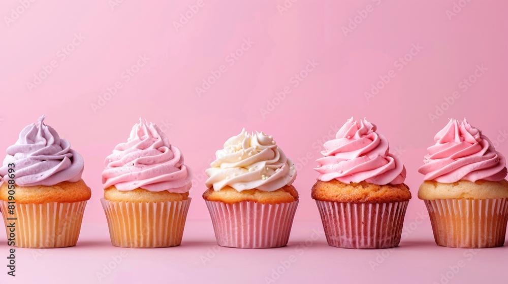 Delicious frosted cupcakes in a row.