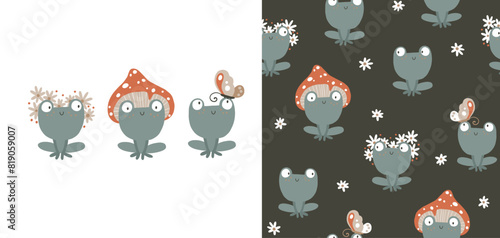 Frogs seamless pattern and print. Cute cartoon characters in a toadstool mushroom hat with flowers wreath with butterfly in simple hand drawn style. The limited vintage palette.