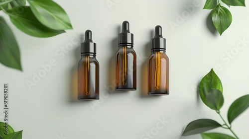 Mock up of beauty fashion cosmetics bottle, serum dropper product. Skin care health care concept on white background, sunlight, beautiful shadows. Facial cosmetics, minimal aesthetic trend, top view