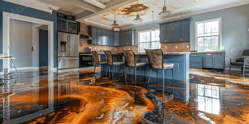 Kitchen floor flooded and severely damaged by hurricane-induced flooding. Concept Flooded Kitchen Floor, Hurricane Damage, Water Damage, Home Restoration, Emergency Cleanup photo