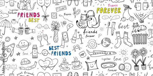 Cute seamless pattern of friendship clipart in doodle style. Big collection with quotes, hearts, sweet, drinks, cats, dogs, sun, space, cups, party decoration. Hand drawn icons