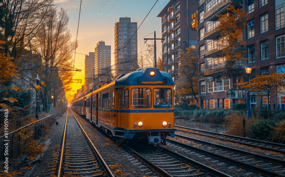 Yellow tram rides on rails in the city at sunset. Beautiful urban landscape with old tram modern buildings