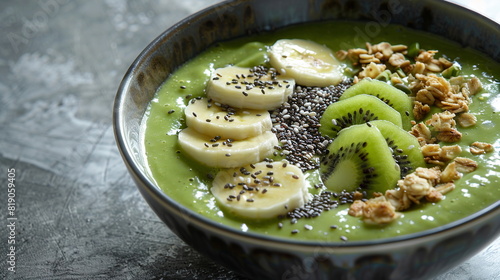 Green smoothie bowl topped with sliced kiwi, banana, chia seeds, and granola.