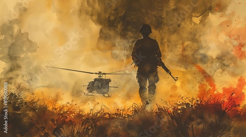 a begger with gun, helicopter behind, fire, smoke, fog,