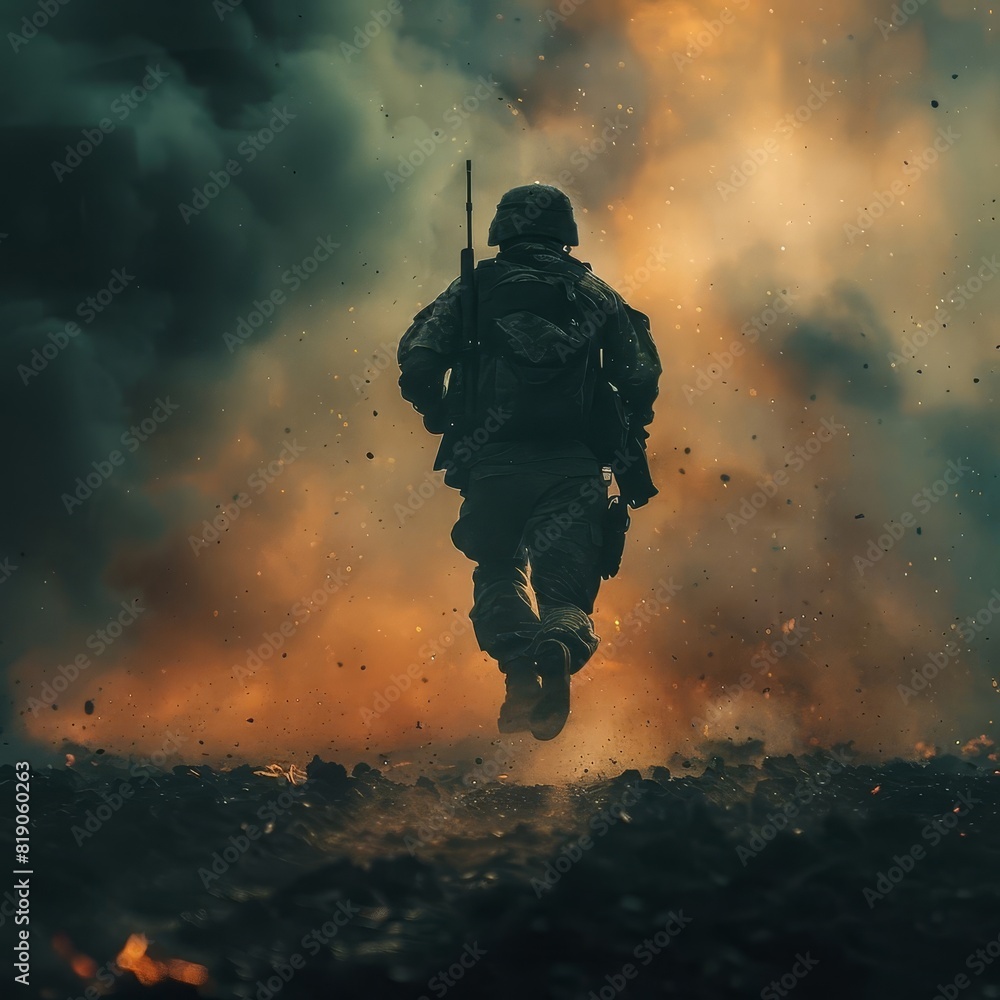 a cinematic photo of soilder running across a battlefield a cinematic photo of soilder running across a battlefield