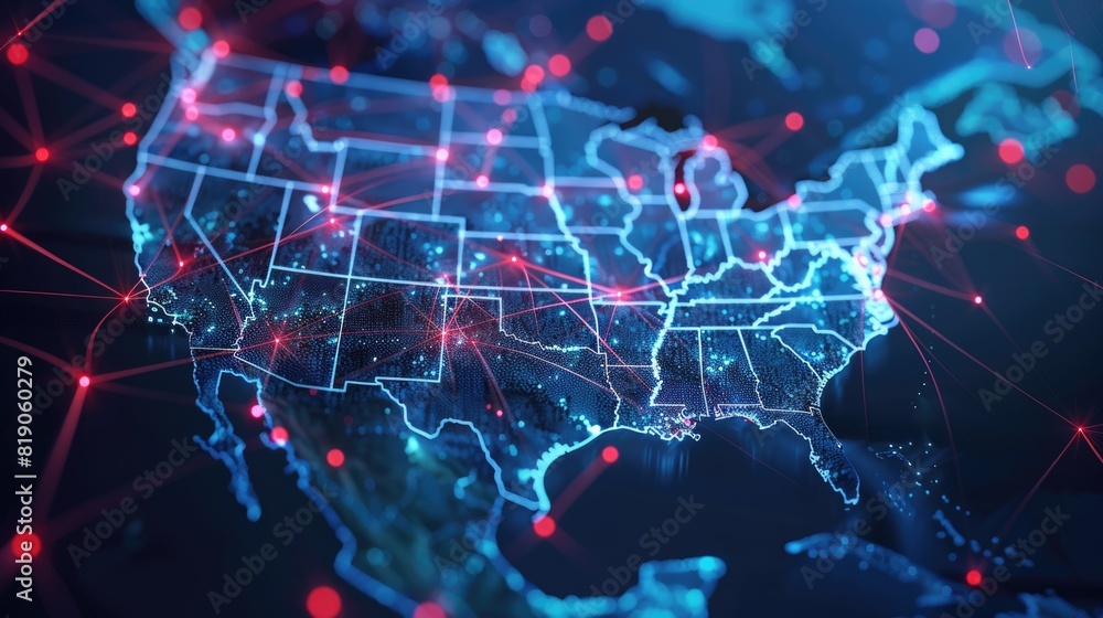 Fototapeta premium Digital map of USA, concept of North America global network and connectivity, data transfer and cyber technology