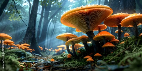 Enchanted Forest: AI Generative Art Produces Giant Mushrooms. Concept AI Art, Enchanted Forest, Giant Mushrooms, Fantasy Landscapes, Generative Art
