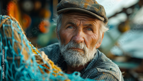 Old fisherman holds fishing net and looks into the distance. © Анна Терелюк