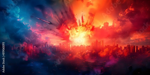 Dystopian Cityscape  Digital Art Depicting Missile Attack and Bomb Explosion. Concept Digital Art  Dystopian Cityscape  Missile Attack  Bomb Explosion