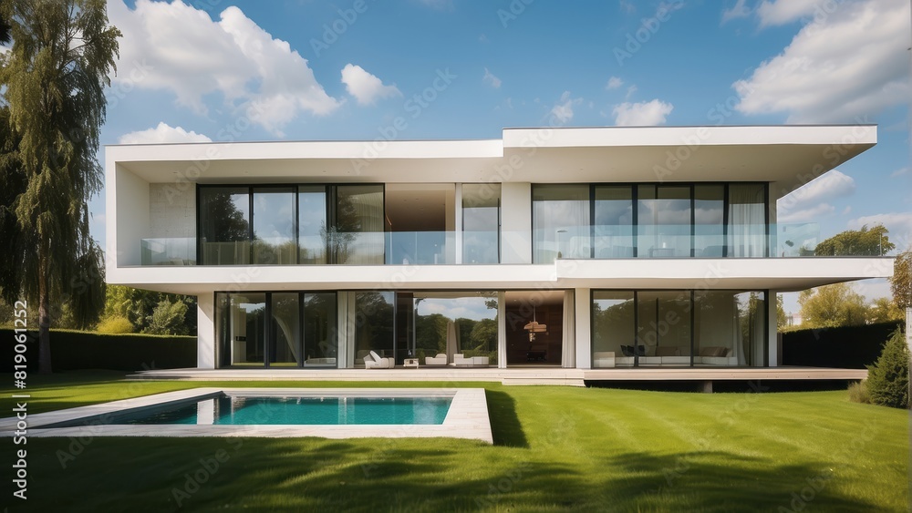 Fototapeta premium Architecture modern villa with large green yard in sunny weather, 3D building design illustration