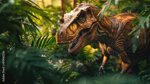 Dinosaur Tyrannosaurus Rex between green plants in jungle