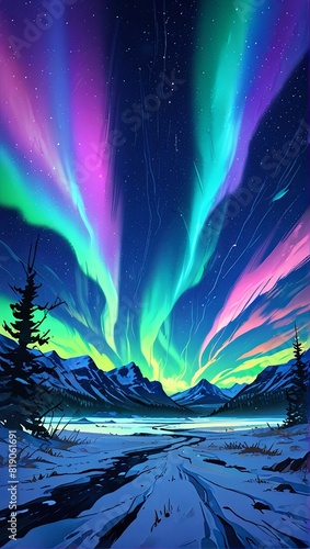 Northern lights, mountains, scene landscape, Anime illustration, anime background, vibrant, glowing, cinematic