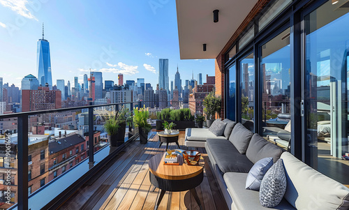 Couch and table on rooftop deck with city view photo