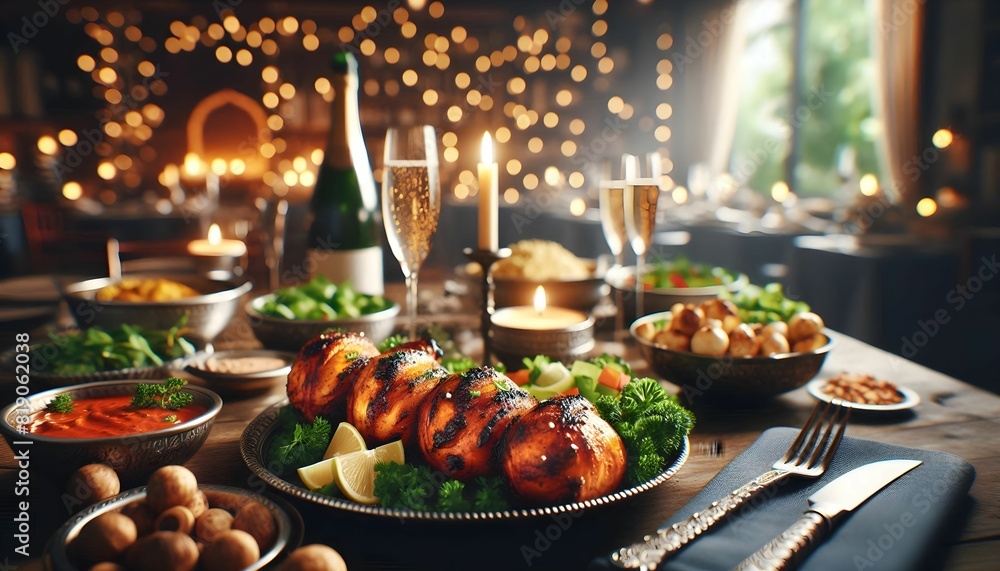 scenic view of tandoori chicken, champagne scenic view of tandoori chicken, champagne
