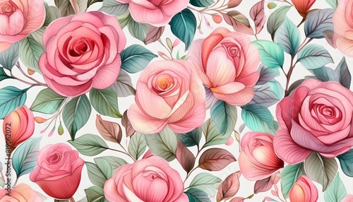 Allover multi motif flowers ornament Seamless pattern with watercolor flowers pink roses, repeat floral texture, vintage background hand drawing. Perfectly for wrapping paper, wallpaper fabric print 