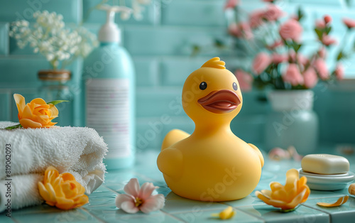 Yellow rubber duck and bath accessories on blue tile in bathroom interior photo