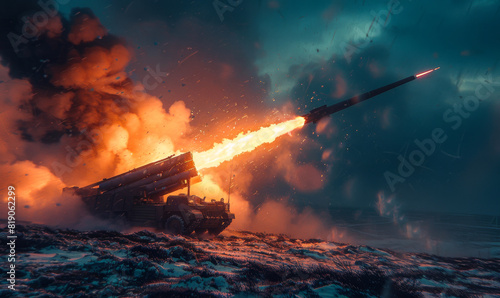 Military artillery unit fires rocket. Nighttime operation of a missile launcher