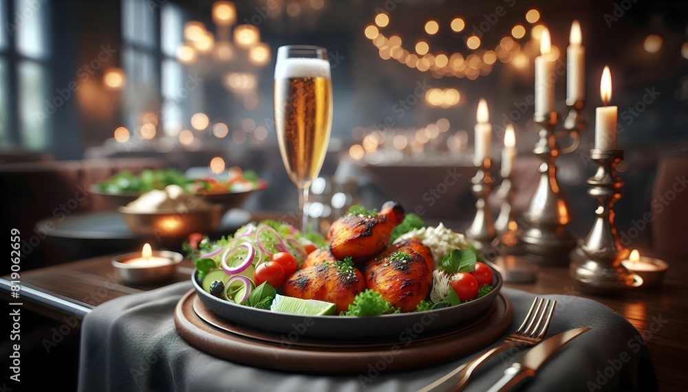 scenic view of tandoori chicken, champagne scenic view of tandoori chicken, champagne