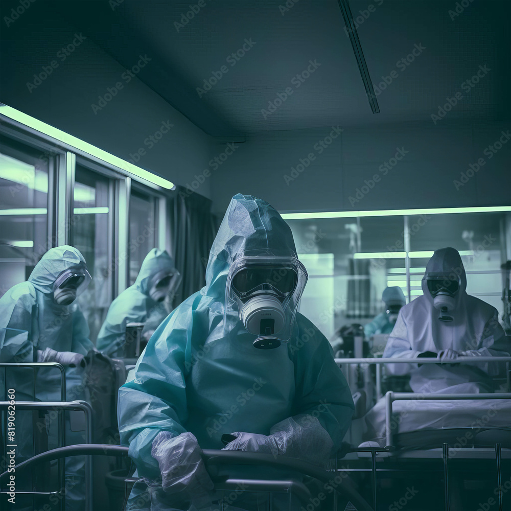 Medical professionals in hazmat suits working in a hospital setting, focusing on safety and patient care during a pandemic. Medical professionals in hazmat suits working in a hospital setting, focusing on safety and patient care during a pandemic.