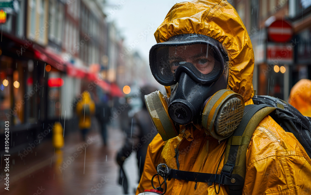 Naklejka premium Man in yellow protective suit and gas mask