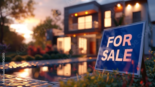 A for-sale sign beside a glittering pool with a luxury house in the background illuminated by twilight photo