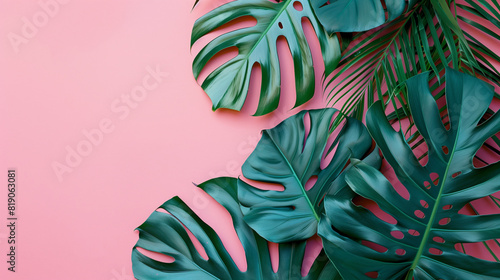 Green and colored tropical leaves on bright colorful background