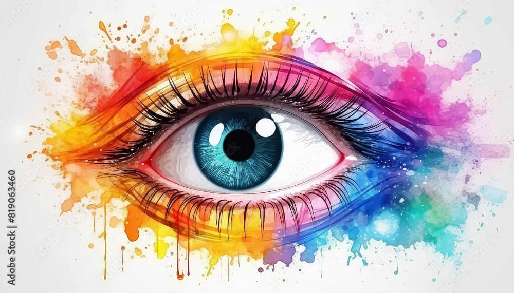 A colorful eye with a rainbow colored frame