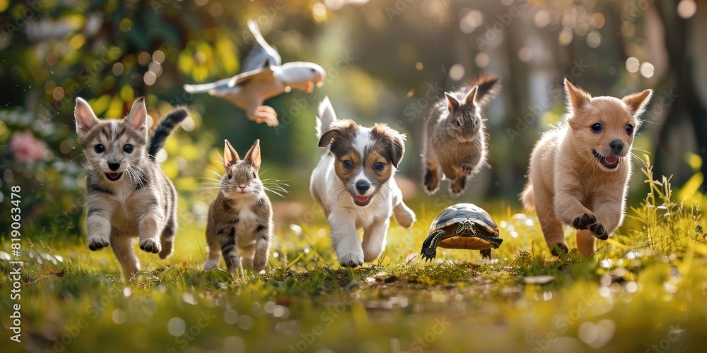 Dogs of different breeds, 3 cats of different breeds, a parrot, a turtle, a hamster, a rabbit run towards the camera Dogs of different breeds, 3 cats of different breeds, a parrot, a turtle, a hamster, a rabbit run towards the camera