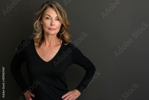 Mid age woman standing behind a flat background