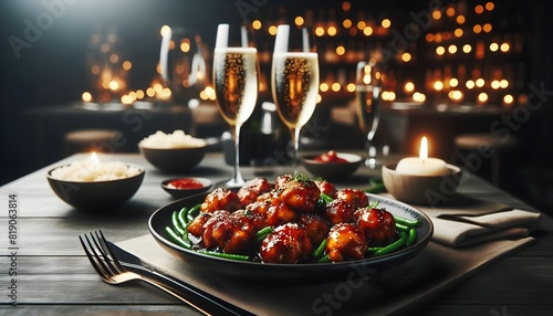scenic view of chicken Manchurian, champagne photo