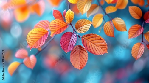 Nature Background Soft-focus image of branches with colorful leaves Illustration image, © DARIKA