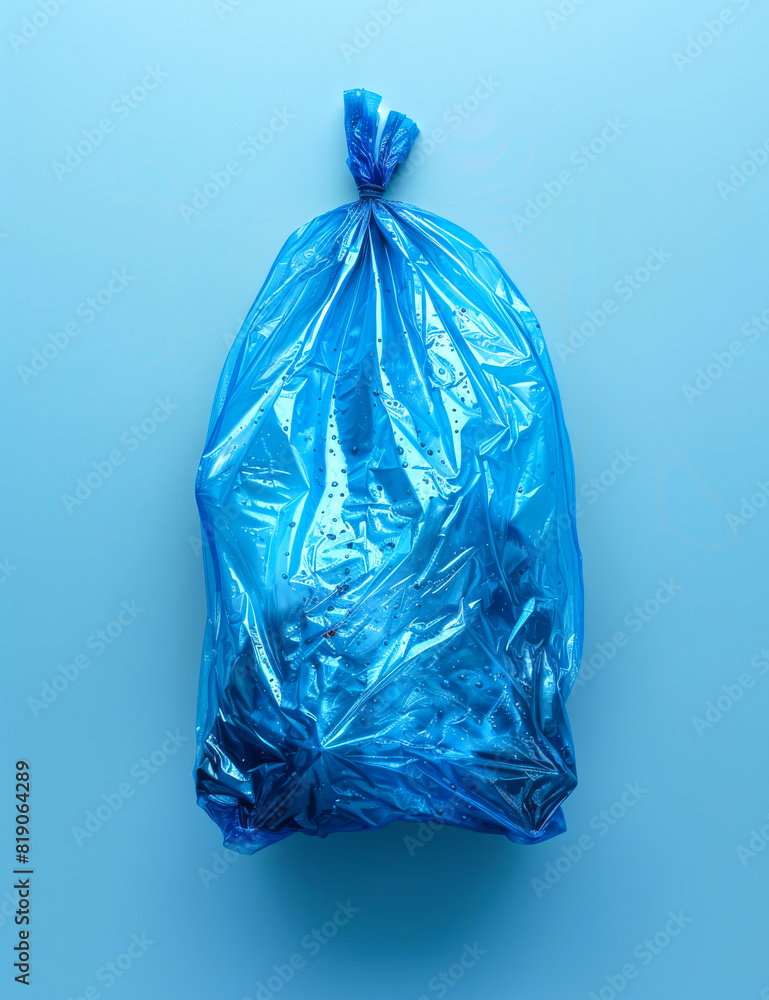 Fototapeta premium Blue plastic garbage bag lies on blue background.