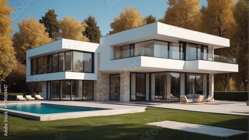 Architecture modern villa with large green yard in sunny weather, 3D building design illustration © free