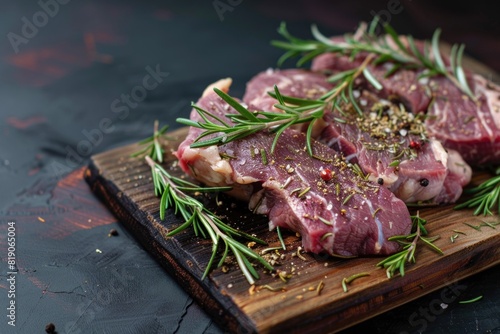 Fresh raw meat on a cutting board with rosemary sprigs. Perfect for food and cooking concepts