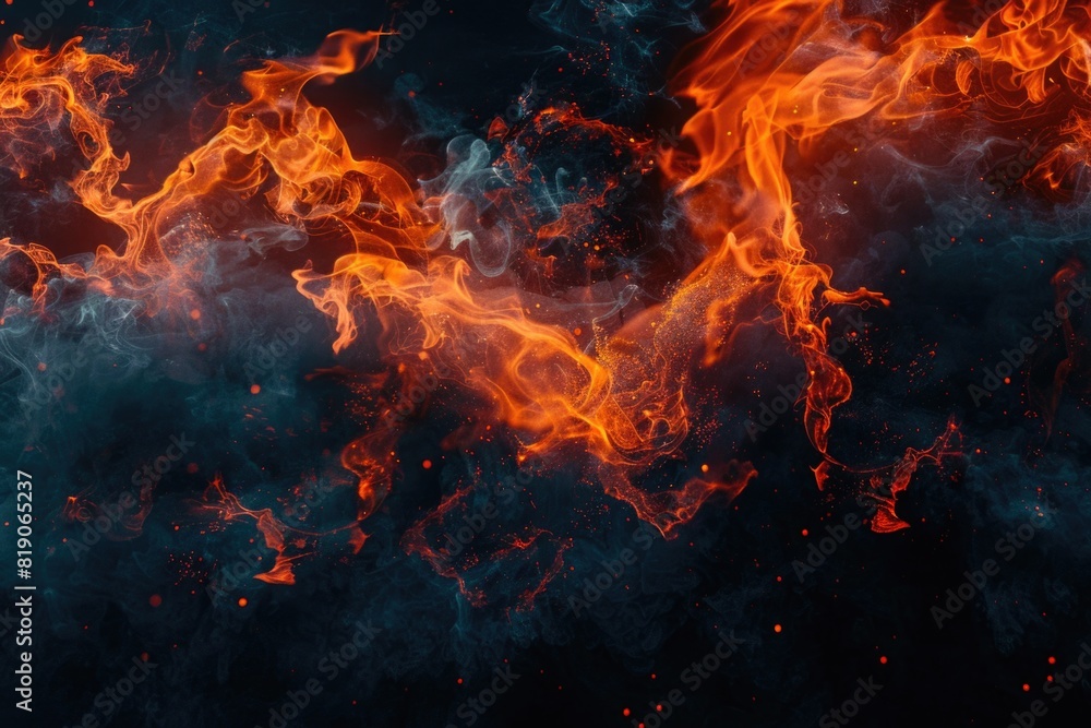A close-up image of a fire burning on a dark black background. Ideal for adding a dramatic touch to designs