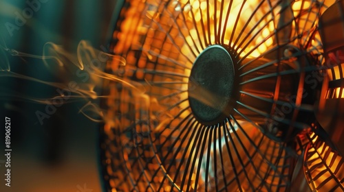A close up of a fan with smoke coming out of it. Suitable for illustrating overheating electronics photo