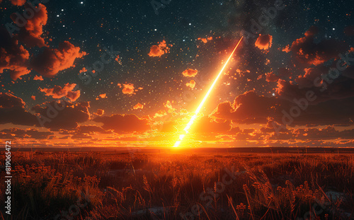 Bright comet flies through the starry sky. A missile launch at night