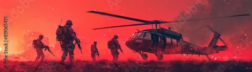 game cover with squad of soldiers on black hawk helicopter red tones cinematic lighting photo