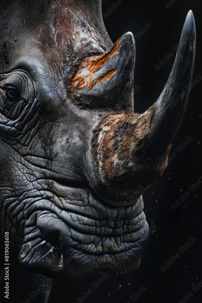 Fototapeta premium A close-up of a rhino in the dark. Suitable for wildlife concepts