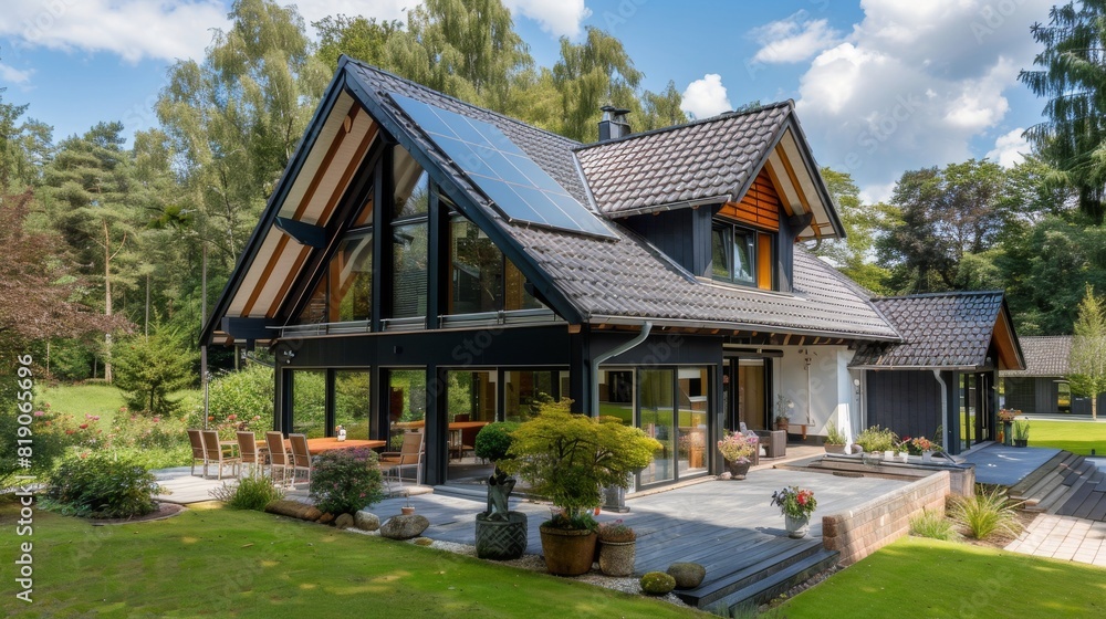 A modern two-story house featuring solar panels on the roof, landscaped garden, and an outdoor patio area