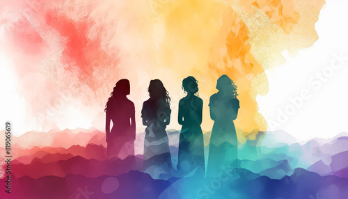 A group of women are walking in a rainbow of colors