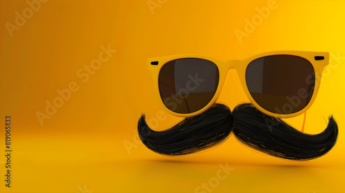 April fools day concept with mustache and glasses on yellow background. 3d rendering of hipster yellow sunglasses and funny moustache. Perfect for prank or father`s day celebration. photo