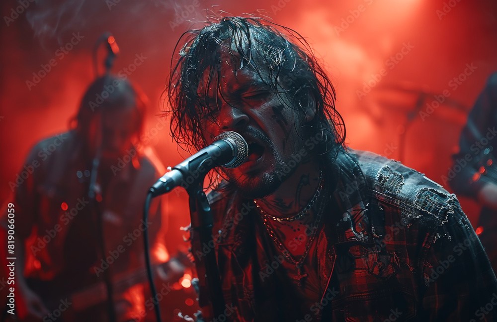 Heavy metal singer screaming into the microphone while performing on stage with his band.