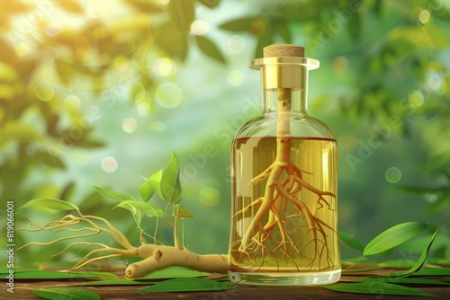Bottle of liquid with root and leaves, versatile image for various projects