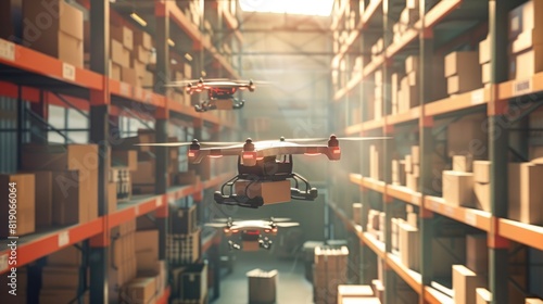 Drone are already flying  transporting cardboard boxes to the bottom of a warehouse  technology  Smart device concept