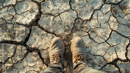 Drought concept, with person standing on very dried ground.